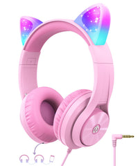 iClever Kids Headphones with LED Light Cat Ear, Wired Kids Headphones with Foldable Earbuds by Fun Share for Children/School/Travel