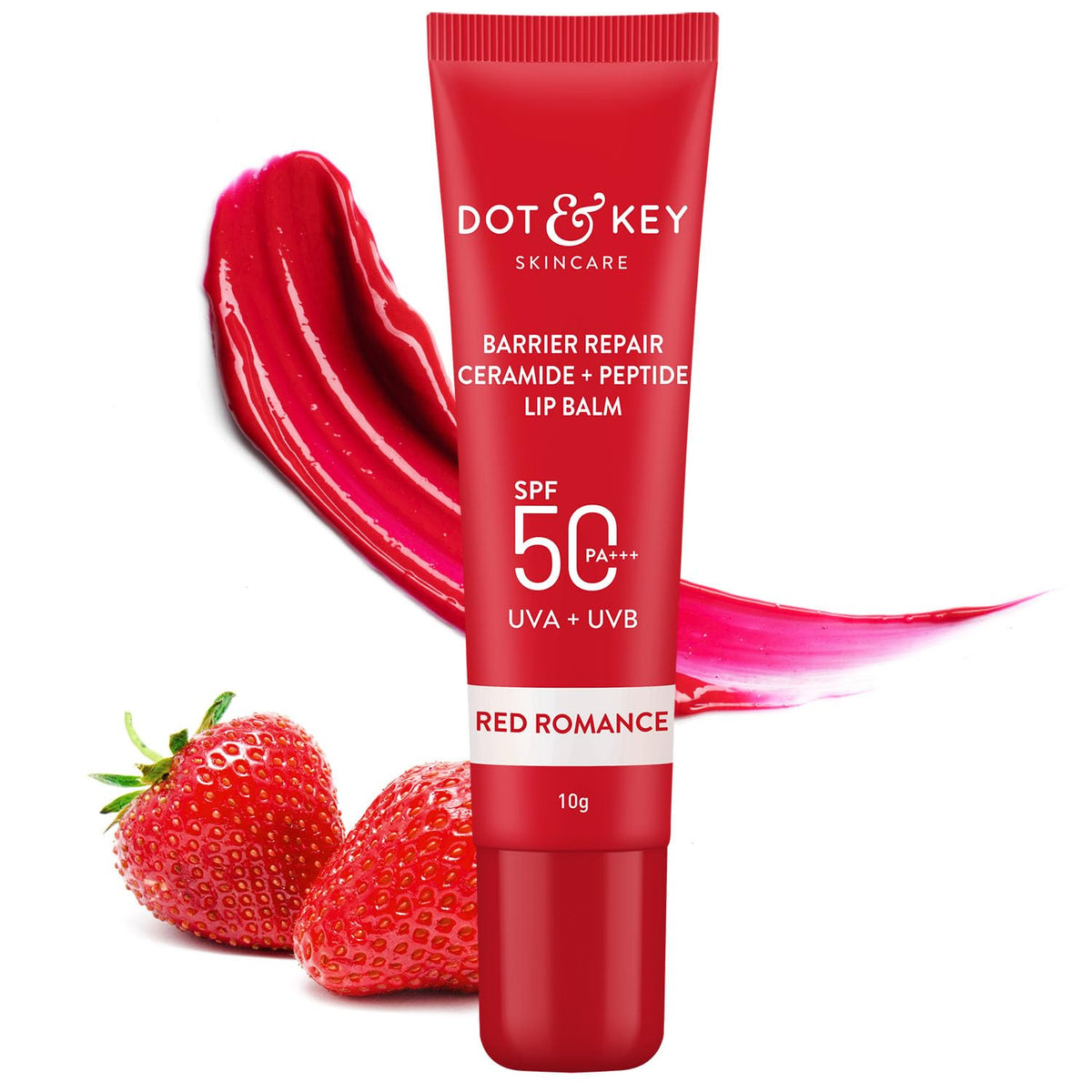 DOT & KEY Ceramide&Peptide Barrier Repair Lip Balm Spf 50,Pa+++|Red Romance|Uva/Uvb Lip Protection|Soft Tinted Lip Moisturizer|Boosts Collagen&Instantly Plumps Lip|Lip Balm For Women|10Gm