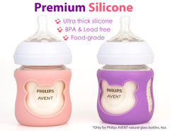 Aelop 100% Silicone Baby Bottle Sleeves for Philips Avent Natural Glass Baby Bottles, Premium Food Grade Silicone Bottle Cover, Cute Bear Design, 4oz, Pink and Purple, Pack of 2
