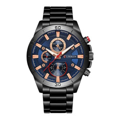 CURREN Men's Chrono Watch Gun Metal Steel Case Black Dial 3 Subdials Black Stainless Steel Case