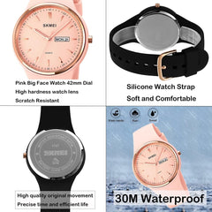 SKMEI Watches for Young Women Lady Sports Silicone Band Big Face Large Waterproof Fashion Casual Simple Quartz Analog Day Date Girls Gift White Wrist Watch - L1747pink