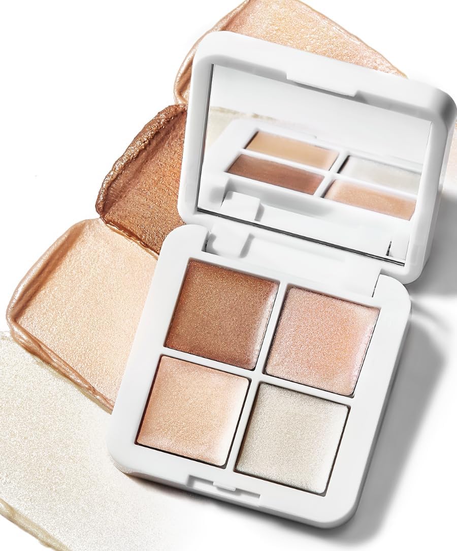 RMS Beauty Living Luminizer Glow Quad Mini Palette - Travel-Friendly Cream Luminizer & Bronzer Set - Coconut Oil & Vitamin E for Glowing Skin (0.08 oz)