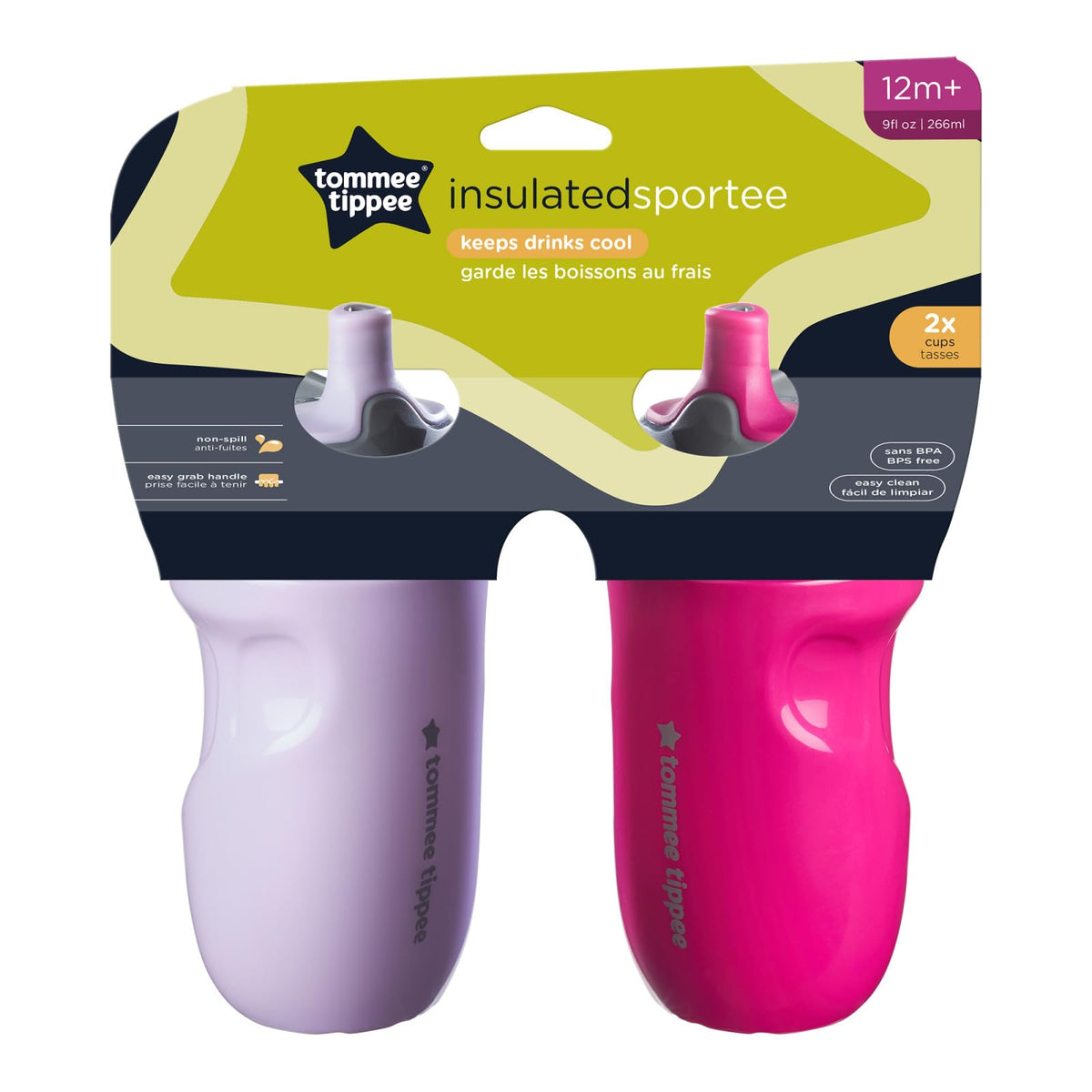 Tommee Tippee Insulated Sportee Bottle, Sippy Cup for Toddlers, 12 Months+, 9oz, Spill-Proof, Easy to Hold Handle, Bite Resistant Spout, Pack of 2, Lilac and Plum