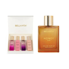 BellaVita Luxury Gift Set Combo For Women's - Honey Oud & Women's Gift Set | Vannila, Floral, Bergamot, Sweet & Spicy | Long Lasting Perfume for Women | Vegan & Cruelty Free - (4 * 20 ml + 100 ml)