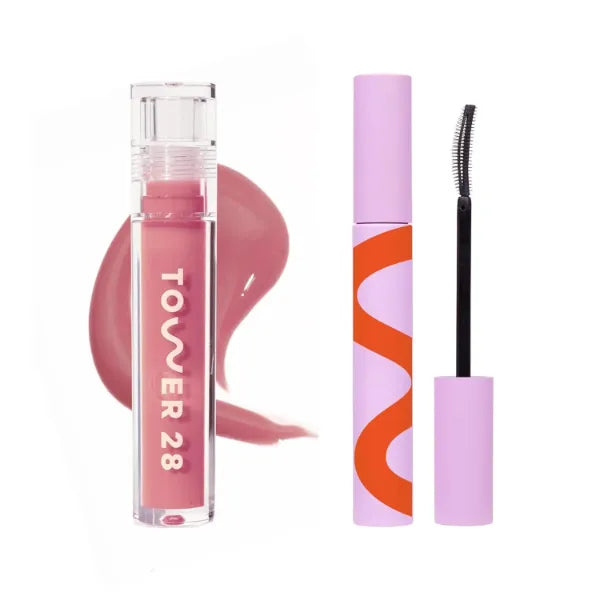 Tower 28 Lip + Eye Duo, Makewaves Mascara in Jet + Shine On Lip Gloss Jelly in Pistachio, Volumizing + Lengthening Mascara for Sensitive Eyes with Hydrating Tinted Lip Balm + Milky Gloss - 2 Count