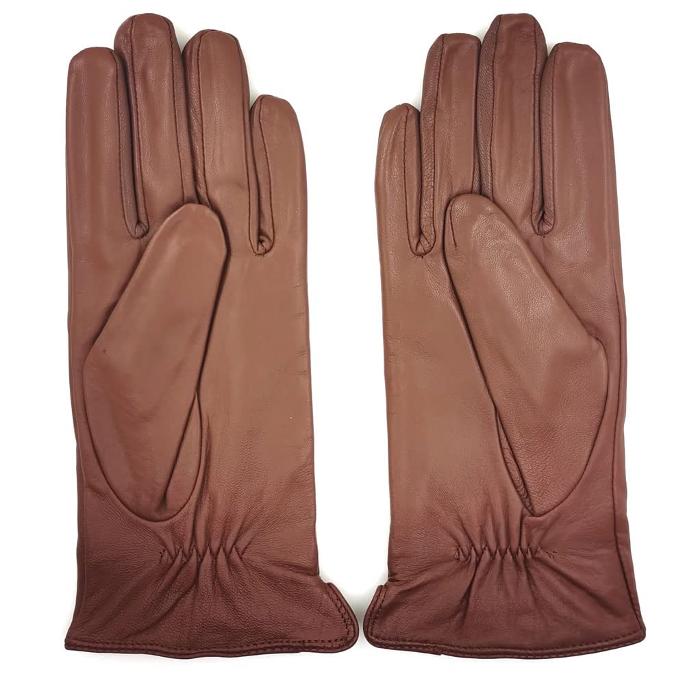 ZLUXURQ Womens Italian Soft Genuine Lambskin Leather Touchscreen Winter Gloves Cashmere or Fleece Lined - Red/brown