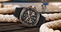 Bulova Marine Star Chronograph Men's Silicone Strap Watch - Black IP/ Rose Gold Accents