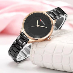 CURREN Ladies Analog Watch Rose Gold Stainless Steel Case Black Dial Black Stainless Steel Bracelet