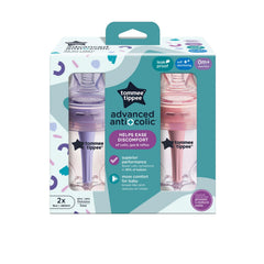 Tommee Tippee Baby Bottles, Advanced Anti-Colic Baby Bottle with Slow & Medium Flow Breast-Like, 9oz, 0m+, Self-Sterilizing, Baby Feeding Essentials, Pack of 2