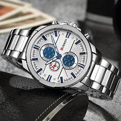 Mens Watches,CURREN Watches Quartz Analog Calendar,Wrist Watch for Men, Fashion Waterproof Stainless Steel Band, white