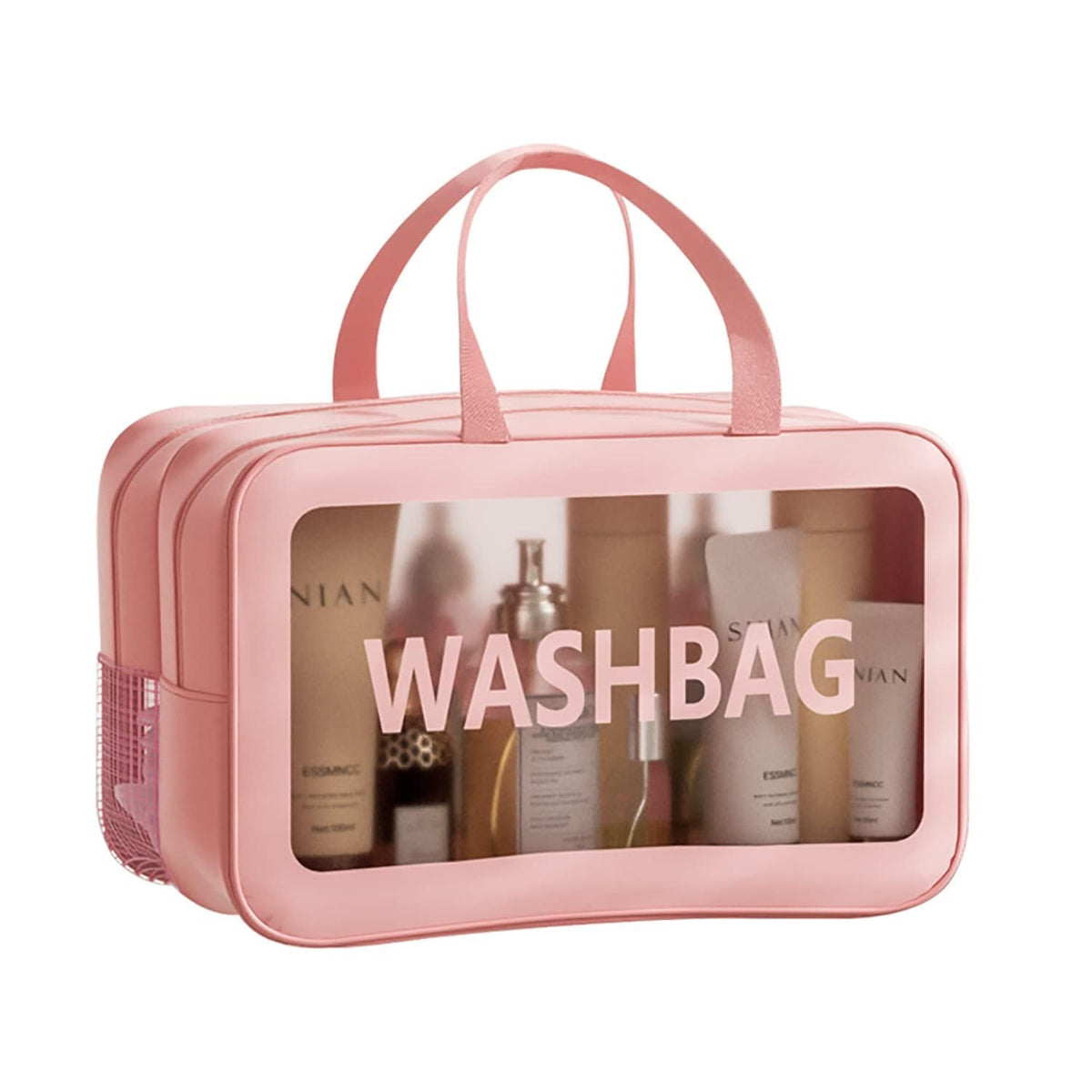 Ymlike Large Capacity Portable Travel Cosmetic Bag, 2 Layer Visible Wet Dry Separated Toiletry Bag with Handles, Clear Handbag Organizer Makeup Case Storage Pouch for Women and Girls (Pink)