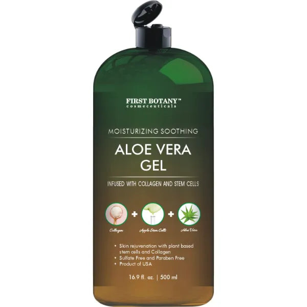 First Botany, Pure Aloe vera gel 100% Fresh Pure Aloe Infused with Stem Cells, Collagen Tea Tree Oil Natural Raw Moisturizer for Face Skin Body Hair Perfect for Sunburn, Acne, Razor Bumps 16.9 fl oz