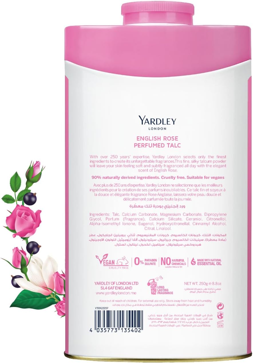 Yardley English Rose Perfumed Talcum Body Powder, All Day Fragrance, Soft And Feminine Freshness- 250 Gm