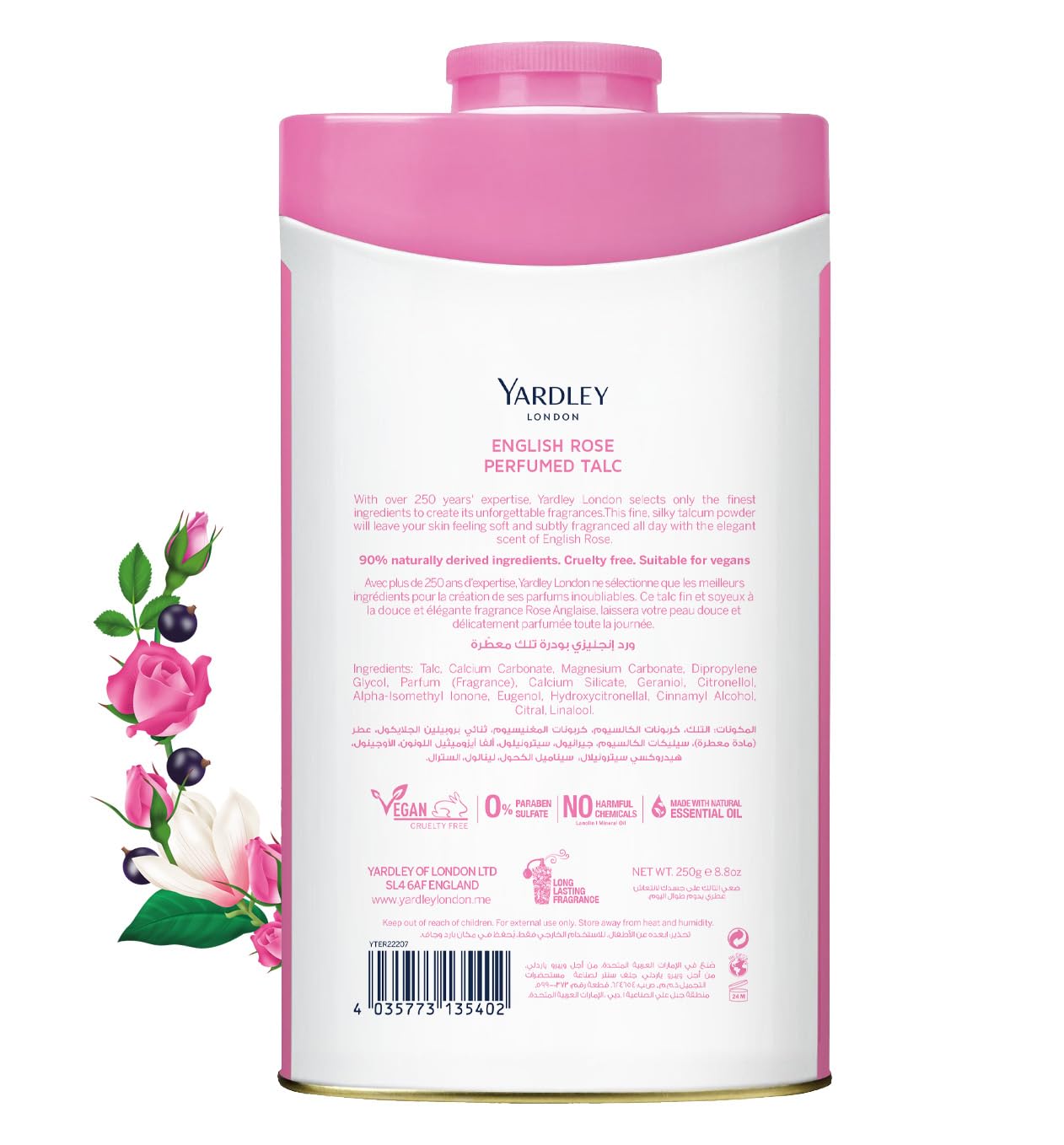 Yardley English Rose Perfumed Talcum Body Powder, All Day Fragrance, Soft And Feminine Freshness- 250 Gm