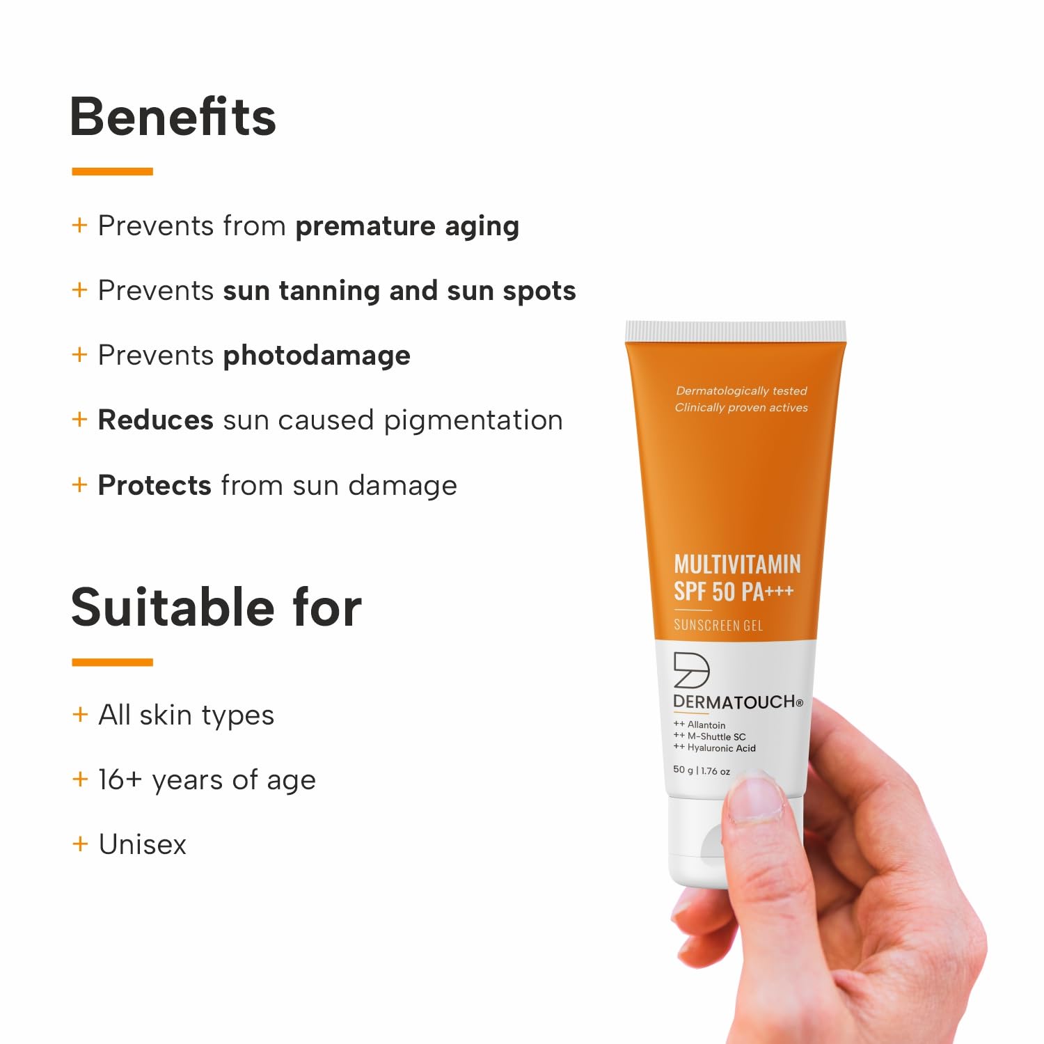 DERMATOUCH Multivitamin SPF 50 PA+++ Sunscreen Gel | UVA-UVB Protection |Zero White Cast | Unisex | 50 g (Pack of 1)