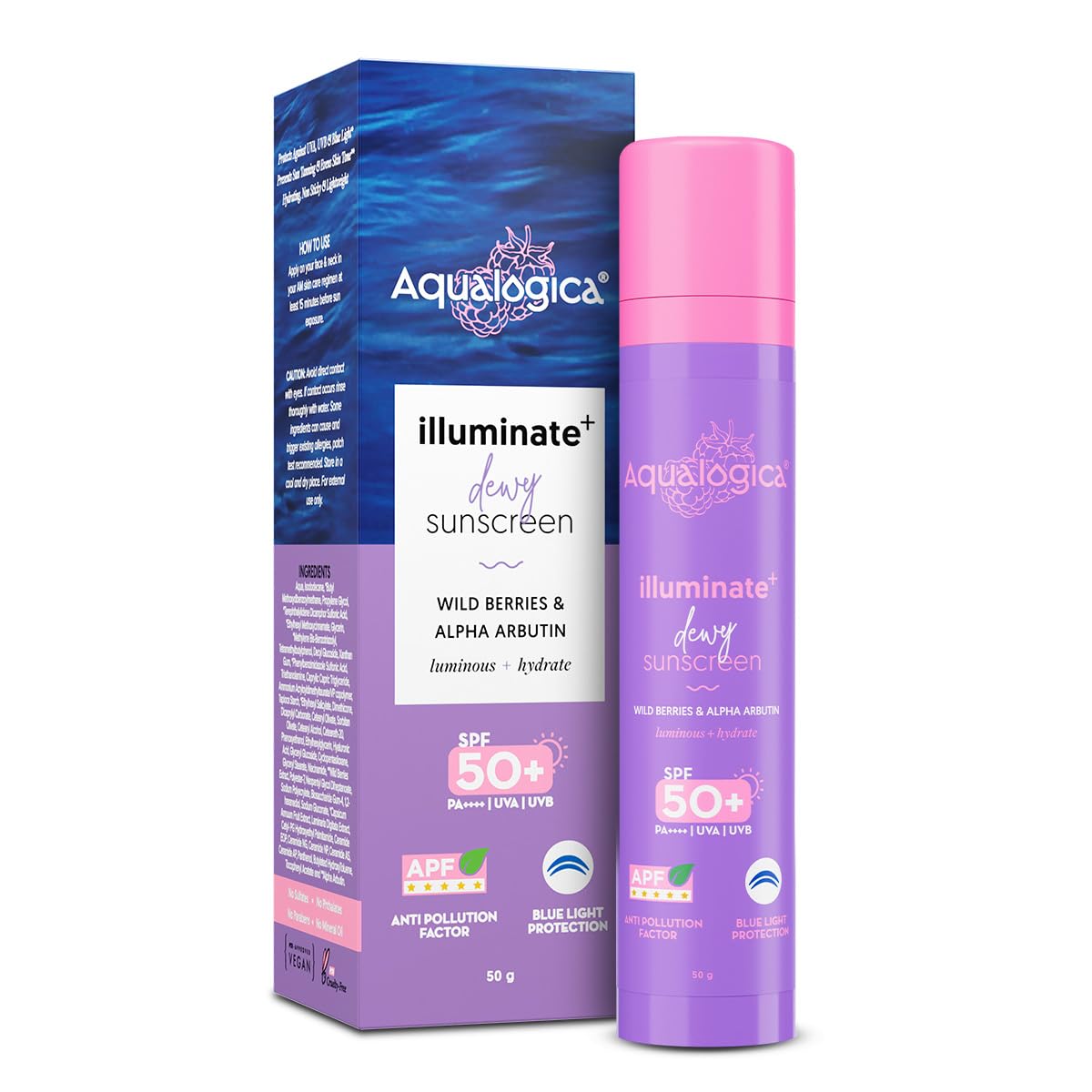Aqualogica Illuminate+ Dewy All Skin Type Sunscreen Spf 50+ Pa++++ With Wild Berries & Alpha Arbutin - 50g Protection Against Uva/B & Blue Light, Fragrance-Free For Luminous & Sun Protected Skin