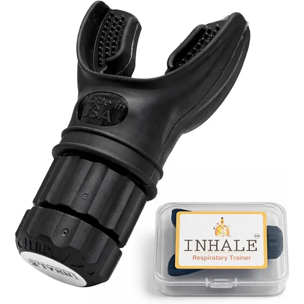 Inhale Respiratory Trainer Lung Strengthening Breathing Exercise Device Made in USA Adjustable Bi Directional Resistance Medical Grade Silicone Mouthpiece Carrying Case Included