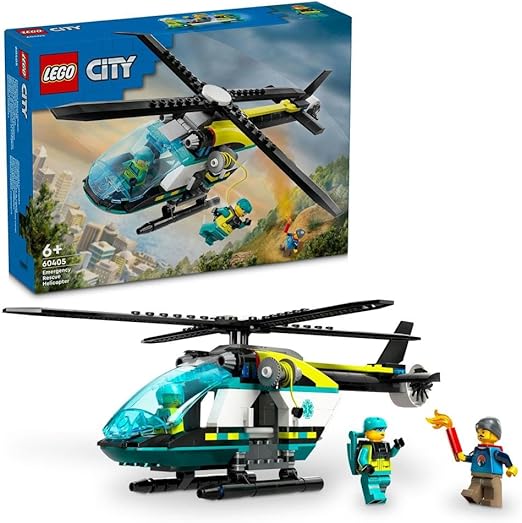 LEGO City Emergency Rescue Helicopter Toy for 6 Plus Year Old Boys & Girls, Vehicle Building Set with Winch, Spinnable Rotors and 3 Minifigures for Imaginative Play, Fun Birthday Gift for Kids 60405