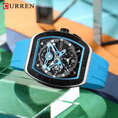 CURREN 8443 Men's Waterproof Quartz Calendar Tape Multifunctional Watch Men's Watch Silicone Band With Orrignal Cureen Box - SKY