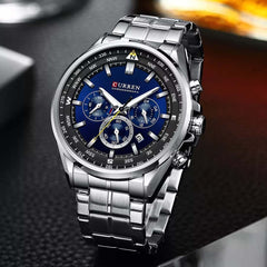CURREN 8399 Men's Watches Fashion Sporty Wristwatches Male Chronograph Quartz Stainless Steel Clock with Luminous Hands - Band Silver Blue