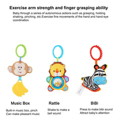 AMERTEER Baby Stroller Toy Bar| Sensory Hanging Toys for Baby Bouncer & Stroller Arch| 3PCS Soft Cloth Animal Arch with Rattle, Music Box & Bibi| Infant Travel Play for Motor Development (L70cm,H24cm)
