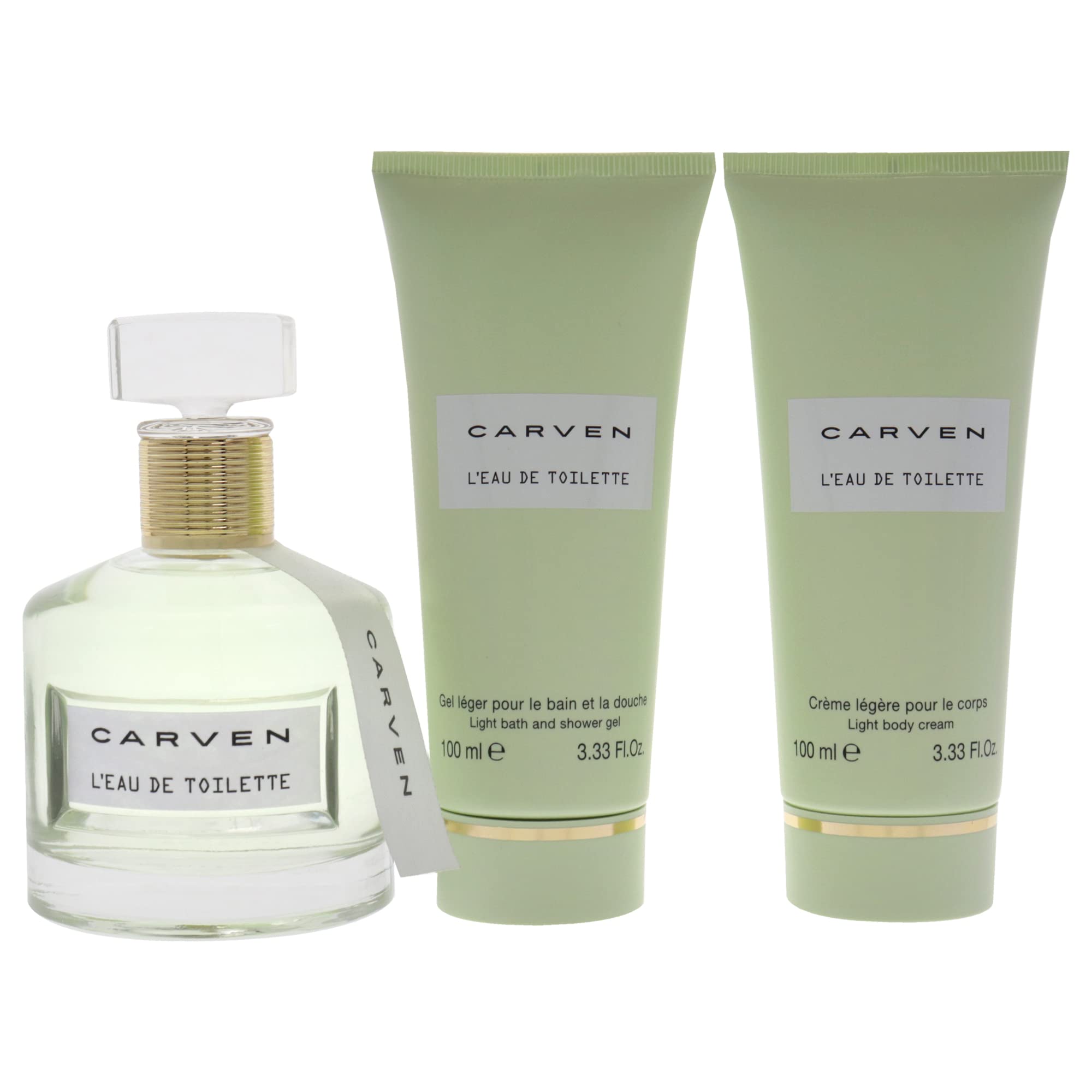 Carven LEau De Toilette For Women - 3 Pc Gift Set, 3.33oz EDT Spray, 3.33oz Light Body Cream, 3.33oz Light Bath and Shower Gel