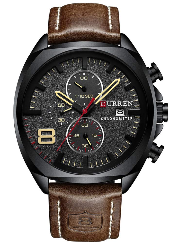 Herren-Armbanduhr mit Lederarmband, klassisch, lssig, Edelstahl, wasserdicht, Chronograph, Datum, analog, Quarzuhr - Black