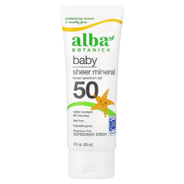 Alba Botanica Baby Sunscreen for Face and Body, Sheer Mineral Sunscreen Lotion, Broad Spectrum SPF 50, Water Resistant and Fragrance-Free, 3 Fl Oz
