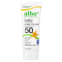 Alba Botanica Baby Sunscreen for Face and Body, Sheer Mineral Sunscreen Lotion, Broad Spectrum SPF 50, Water Resistant and Fragrance-Free, 3 Fl Oz