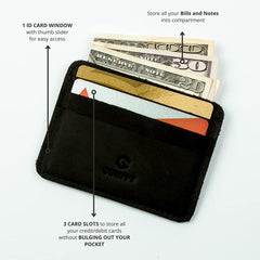 Gumppy Genuine Leather Card Wallets for Men | Strong Stitching | Handcrafted Extra Capacity Slim Card Wallet | 3 Card Slots | Gift for Him & Her | ID Window | 1 Bill & Notes Compartment (Black)