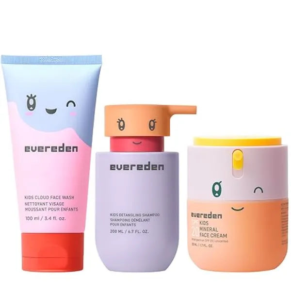 Evereden Kids Healthy Habit TRIO Clean & Vegan Skin & Hair Care for Kids Bundle Skin Care Cloud Face Wash + SPF 20 Mineral Face Cream + Shampoo Detangling Clean Ingredients