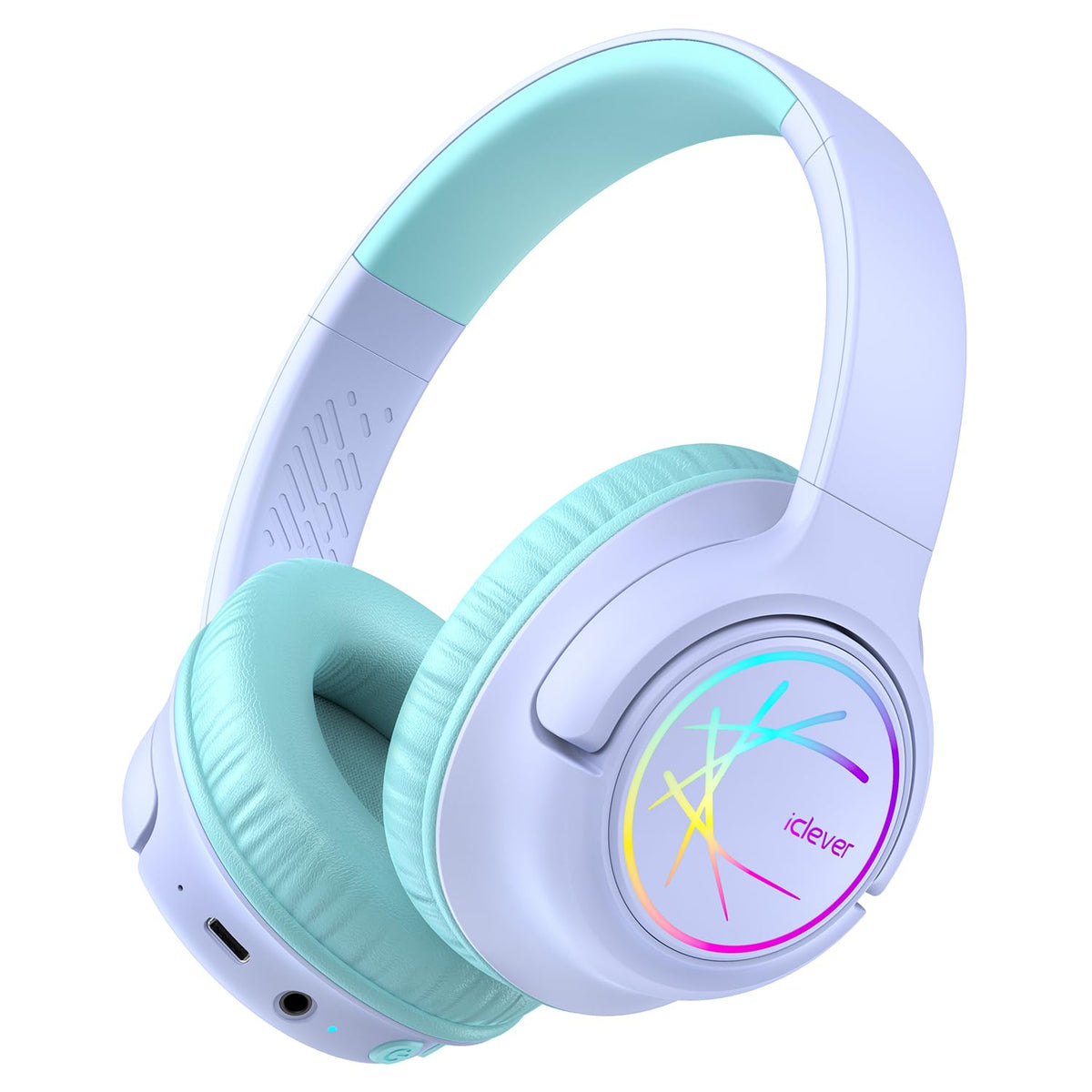 iClever Kids Wireless Headphones with LED Lights, BTH18 74/85/94dB Safe Sound, 43H Playtime, Stereo Sound, Type-C, AUX Cable, Bluetooth 5.3, Kids Bluetooth Headphones Over-Ear for Tablet/Travel