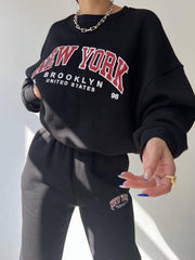 SHEKINI Women's Two Piece Tracksuit Sweatsuit Outfit Letter Print Leisure Suits Ladies Warm Outfit Full Set Long Sleeve Pullover Jogger Sweatpants - Black