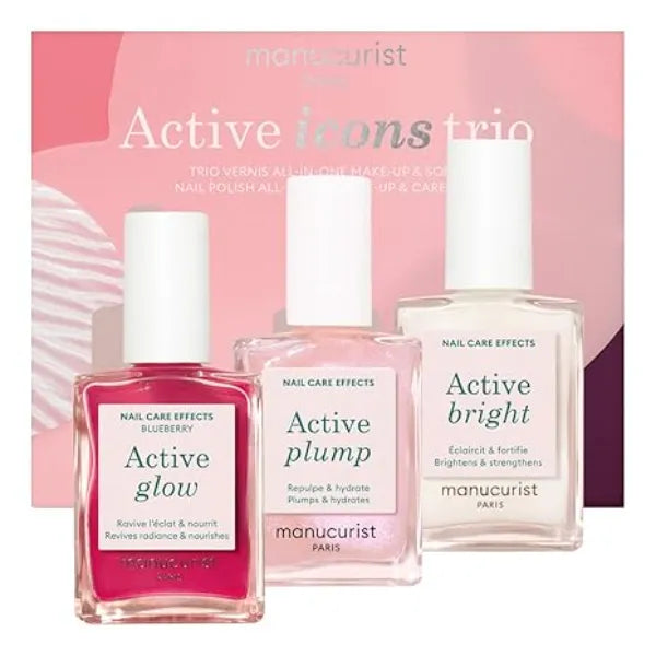 Manucurist Active Icons Trio Set Active Glow Blueberry, Active Shine, Active Plump Nail Polishes Nail Strengthener Brightening Treatment Polish & Care Gift Box