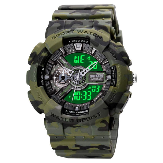 SKMEI Men's Digital Sports Watch, LED Square Large Face Analog Quartz Wrist Watch with Multi-Time Zone Waterproof Stopwatch - ARMY GREEN CAMO