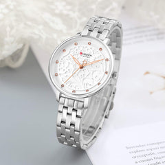 CURREN 9046 Quartz Women Wristwatch Carved Flower Embroidered Style Watch for Ladies Womens Watches with Leatherette PU Strap Stainless Steel Band Waterproof Wearable Accessories