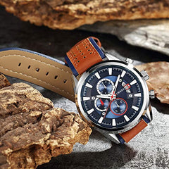 Curren 8290 Leather Round Analog-Chrono With Date Display Brown, Blue Watch for Men