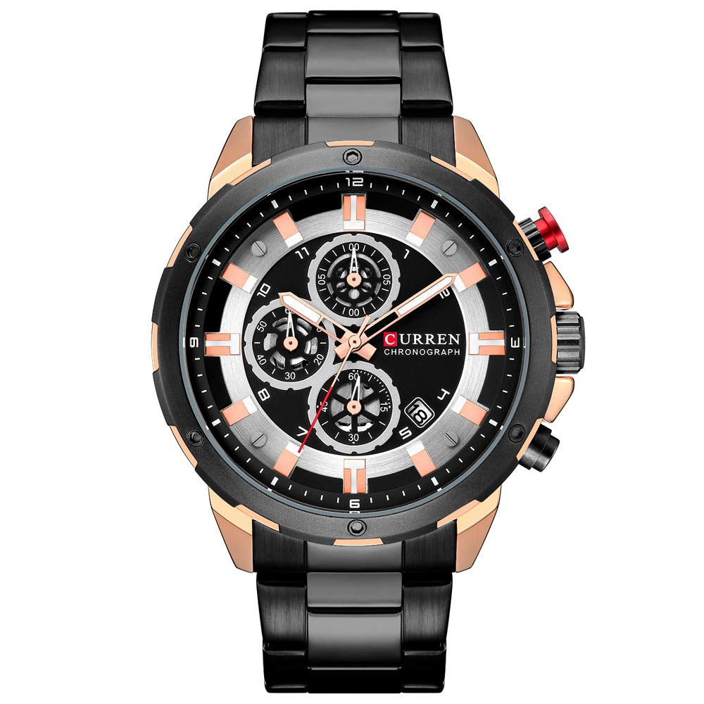 CURREN Mens Watches, Quartz Analog Calendar,Wrist Watch for Men, Fashion Waterproof Stainless Steel Band-Black rose