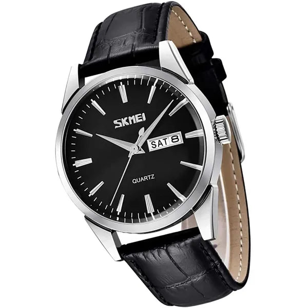 SKMEI Watch for Men Business Dress Black Leather Waterproof Calendar Date Time