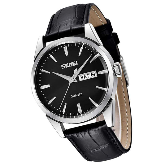SKMEI Watch for Men Business Dress Classic Fashion Casual Black Leather Quartz Analog Waterproof Calendar Date Light Simple Wrist Watches Dad Fathers Gifts - Black strap*Silver case*Black Dial