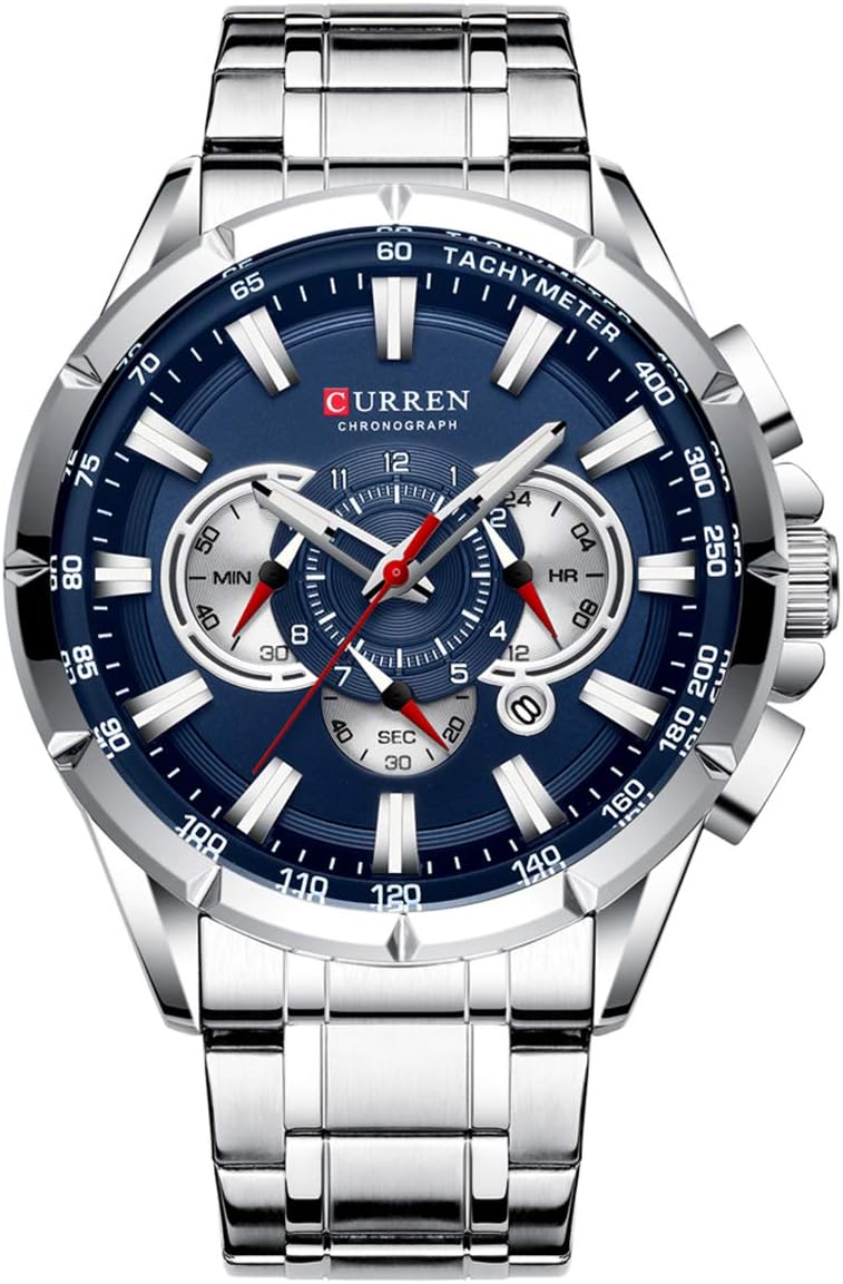 CURREN 8363 Watch for Male Men Quartz Man Wristwatch Watches with Stainless Steel Strap Band Three Sub-Dials Second Minute Microsecond Chronograph Date Calendar Indicator Waterproof Luminous Hands -  Silver