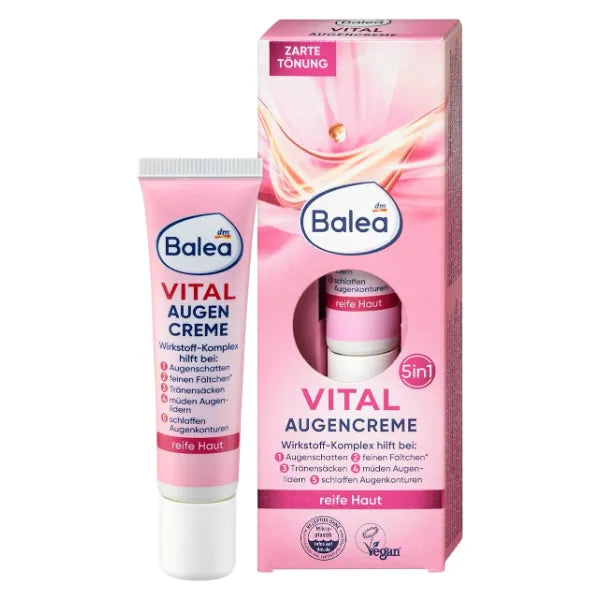 Balea VITAL Anti-Fatigue Eye-Cream 5in1 - Helps Reduces Lines, Wrinkles, Puffiness & Shadows (15ml) - For Mature Skin Ages 40 to 60+ (Not tested on Animals).