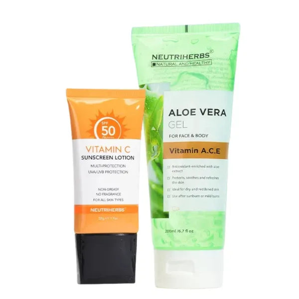 Neutriherbs Sun Care Bundle - SPF 50 Sunscreen + Aloe Vera Gel, Take Care Your Skin Before and After Sun Exposure, Protect and Repair Skin in Summer
