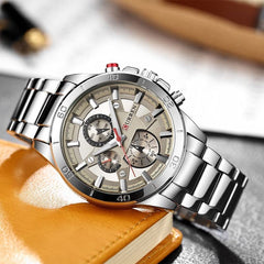 CURREN Men's Chrono Watch Stainless Steel Case Gray Dial 3 Subdials Silver Stainless Steel Case, Gray