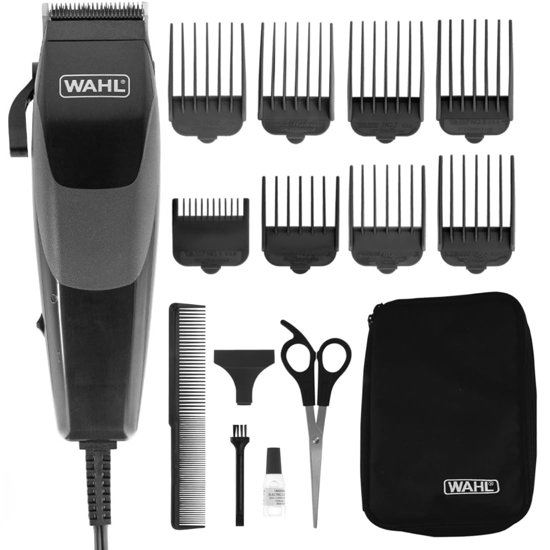 WAHL Sure Cut Hair Clipper for Men | Corded Hair Clipper | Stainless Steel Blade Trimmer | Suitable for Dry Use | Ideal For Men | Perfect for Home Grooming | 16 piece Hair Cutting Kit (79449-237)