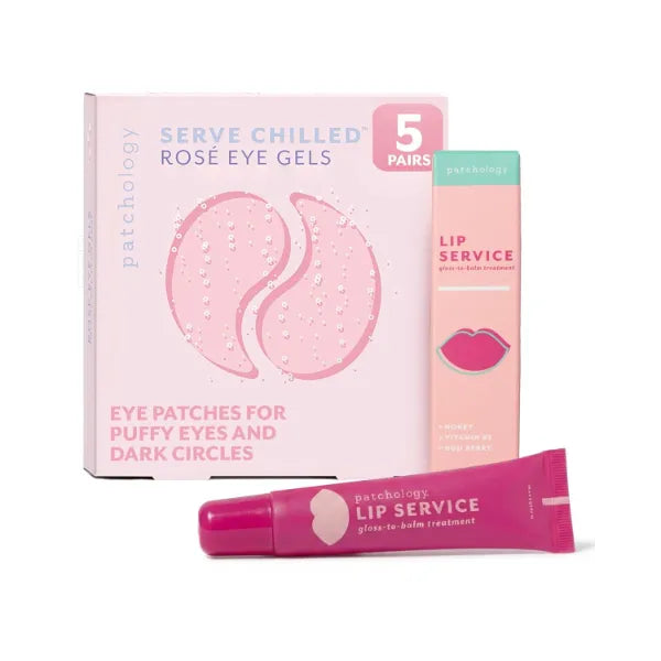 Patchology Sip, Soothe & Shine Bundle: 5 Pairs Rosé Eye Gels for Puffy Eyes & Dark Circles + Hydrating Lip Gloss with Aloe & Honey - Soothing Self Care Gift Set for Women - (5 Pairs, 15ml)