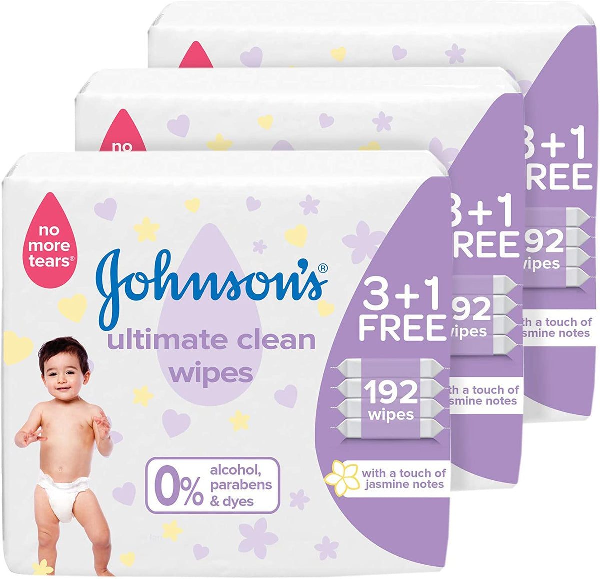 Johnson's Baby No More Tears Ultimate Clean Wipes, 12 Packs of 48 wipes, 576 Wipes, Touch of Jasmine Notes, pH Balanced