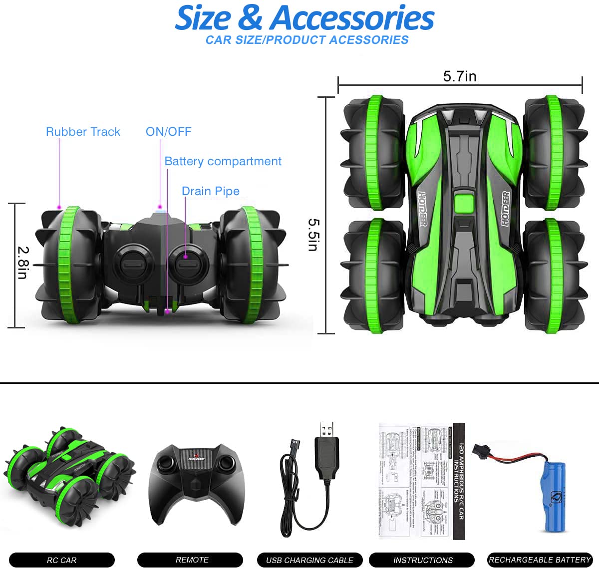 FREE TO FLY Remote Control Car Boat Truck- Amphibious 4WD Stunt Cars 2.4Ghz Rotating 360° Offroad Terrain RC Vehicle Water Land for Kids 8 9 10 11 12 Years Old (Green)