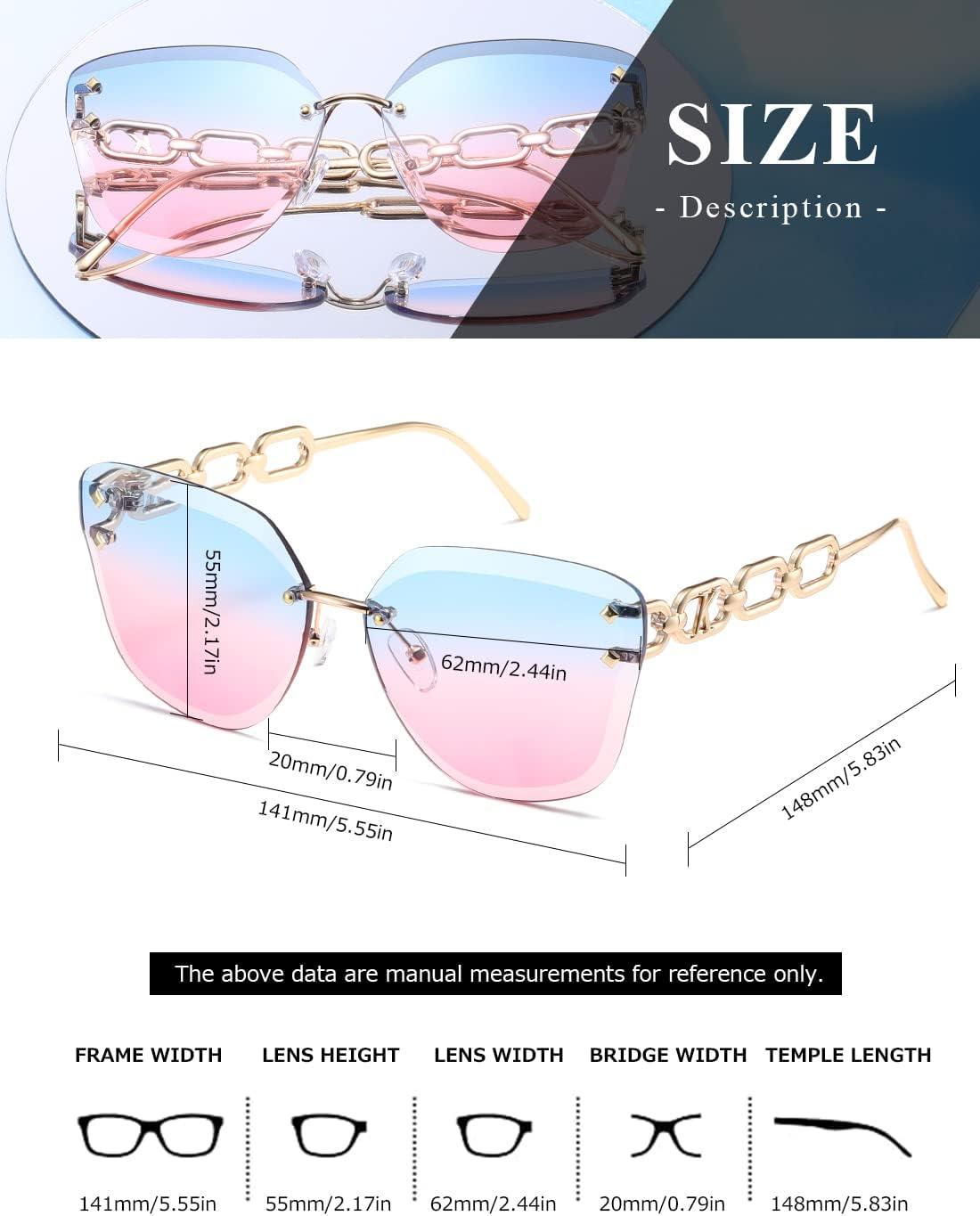 AEVOGUE Oversized Rimless Diamond Cutting Sunglasses for Women (AE0534) - Blue/Pink