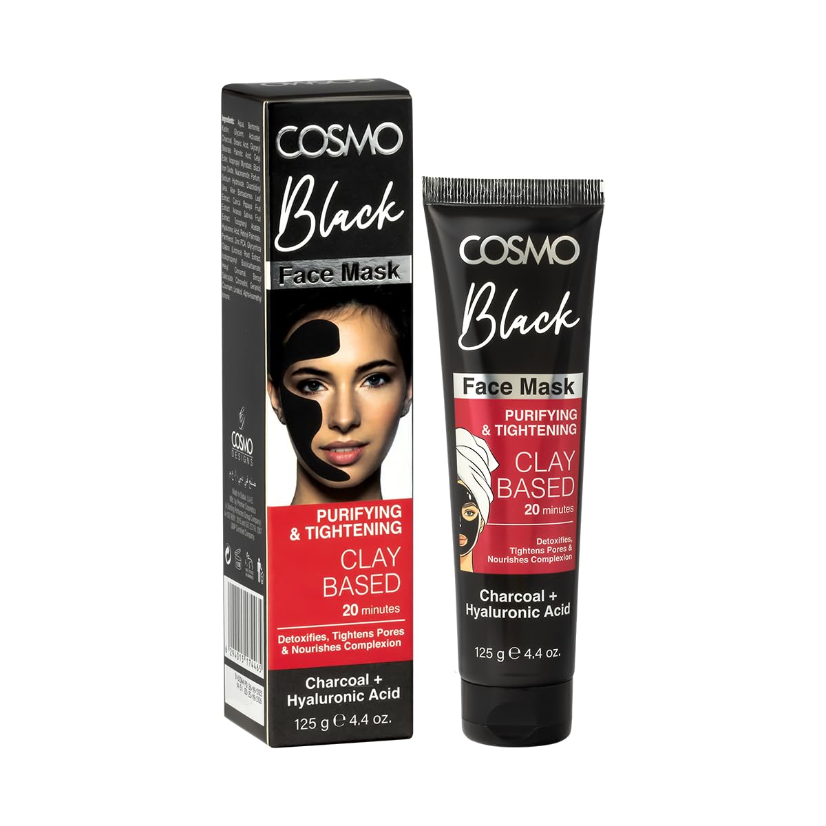 CD COSMO DESIGNS Face Care Anti Purifying & Tightening Clay Based Face Mask, Detoxifies, Tight Pores, Nourishes Complexion Charcoal + Hyaluronic Acid, Black - 125g